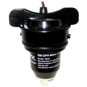 Black 500 GPH marine motor, front view.