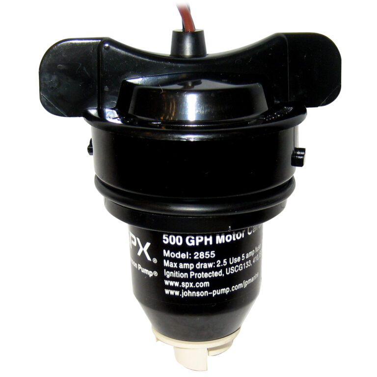 Black 500 GPH marine motor, front view.