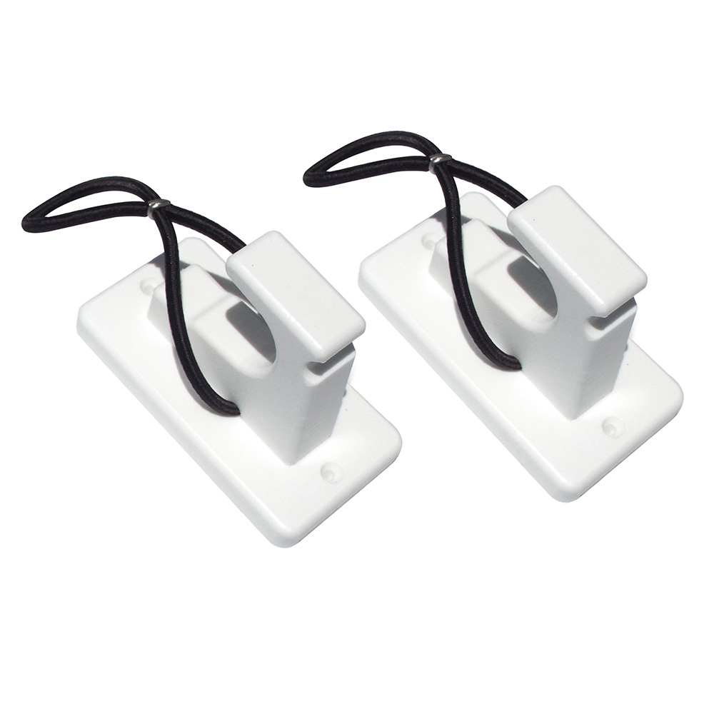 Two white plastic brackets with black elastic loops