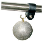 Metal gate latch with attached weight.