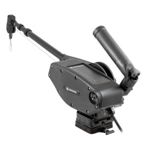 Fishing downrigger with adjustable arm and spool.