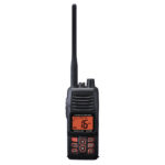 Handheld two-way radio with display and buttons.