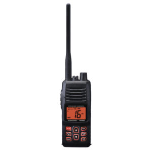Handheld two-way radio with display and buttons.