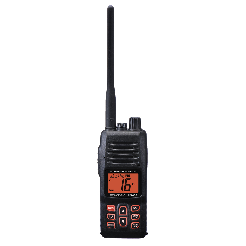 Handheld two-way radio with display and buttons.