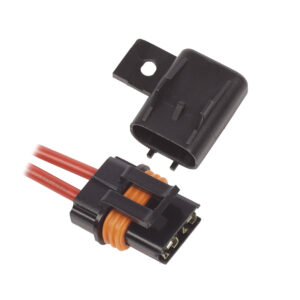 Two-pin automotive electrical connector with black cover.