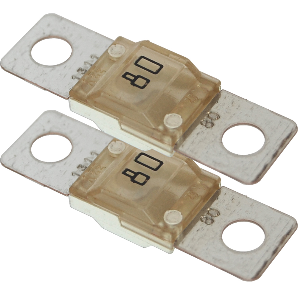 Two 80 amp car fuses with metallic ends.