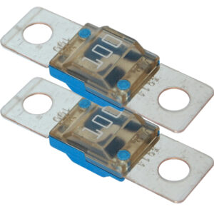 Two automotive blade fuses with transparent casings.
