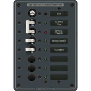 120V AC distribution panel with multiple switches.