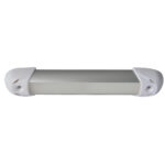 Modern LED light fixture with white end caps.