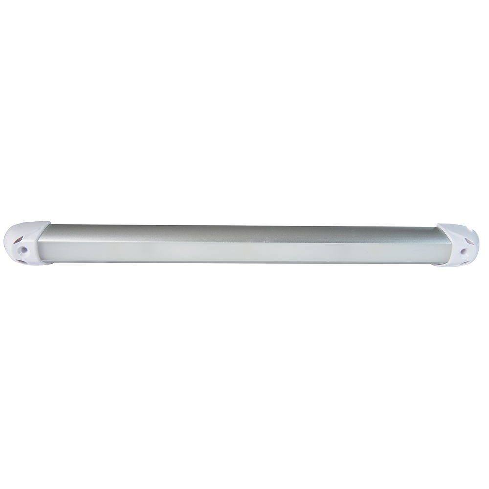 LED tube light with silver finish and white ends.