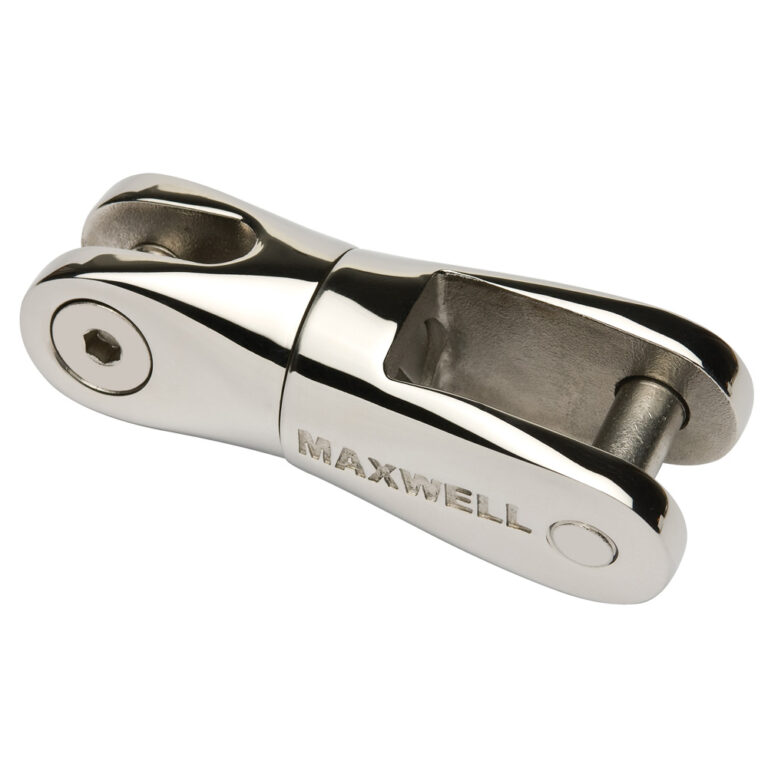 Chrome swivel anchor connector with 'MAXWELL' engraving.