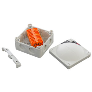 Open electrical junction box with connectors.