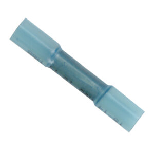 Blue butt splice connector for electrical wires.