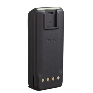 Black walkie-talkie battery with four connectors.