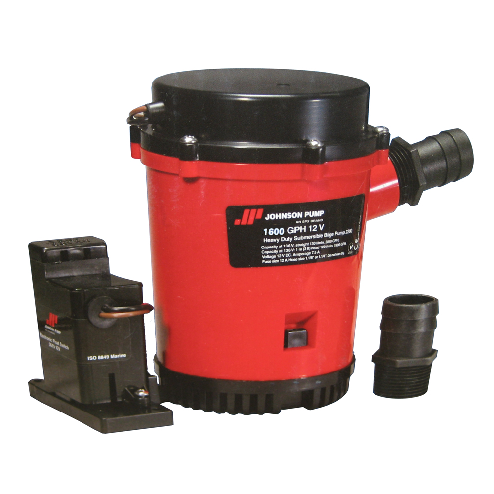 Submersible bilge pump with red housing and attachments.