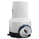White marine bilge pump with hose attachment.