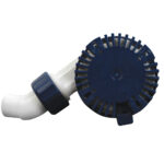 Blue and white plastic pool drainage fitting.