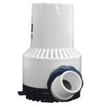 Compact white and blue marine bilge pump.