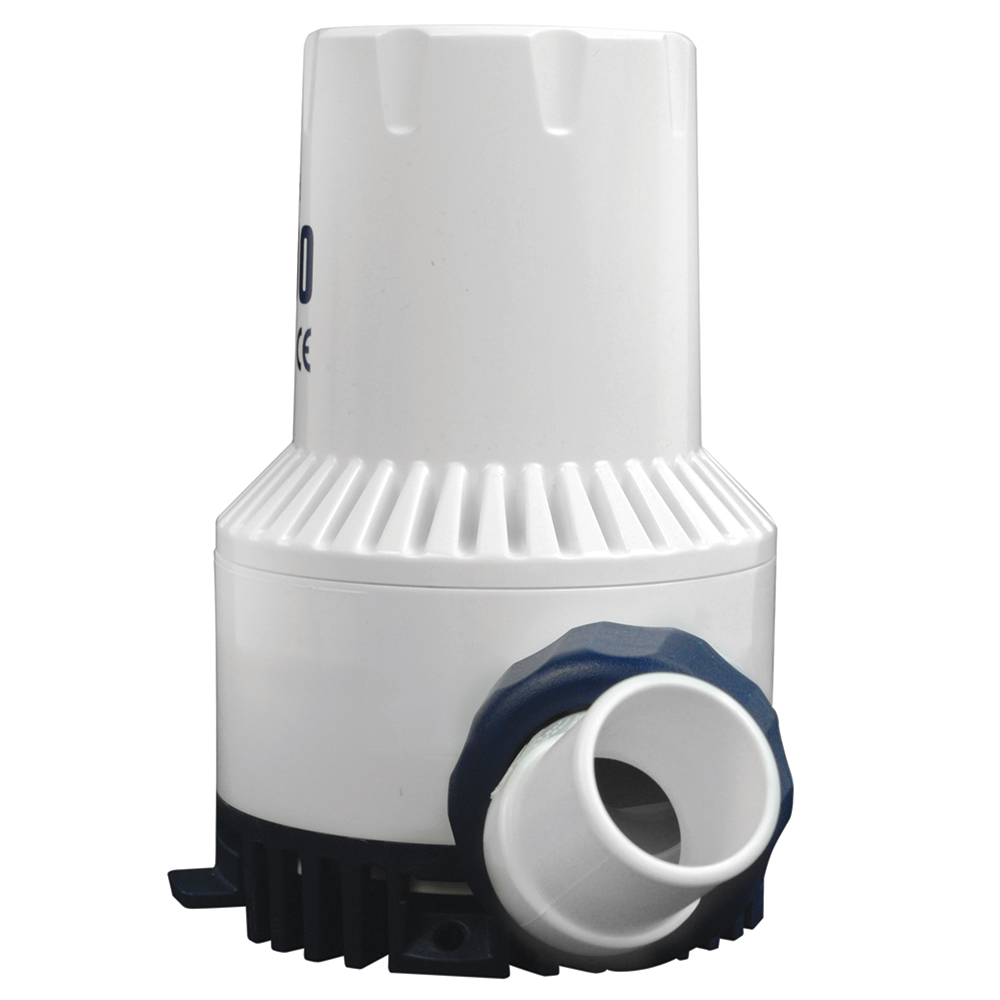 Compact white and blue marine bilge pump.