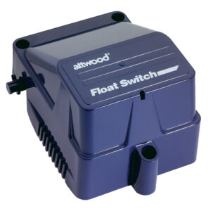 Blue Attwood float switch for water level control.
