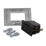 Bilge pump switch with connectors and label plate.