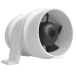 White inline duct fan with black blades.