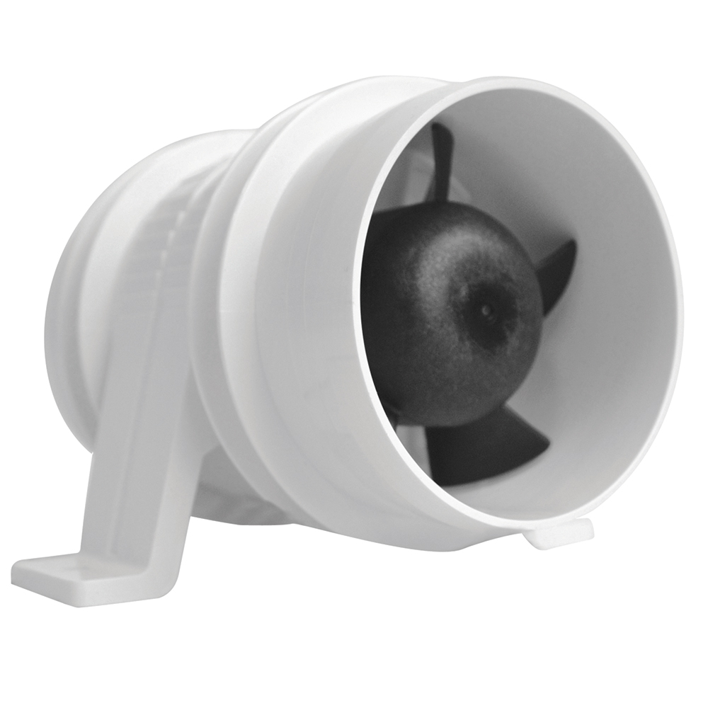 White inline duct fan with black blades.