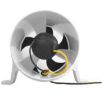 White marine ventilation fan with black blades and wires.