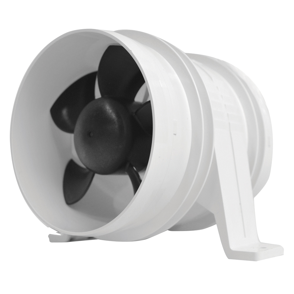 White inline duct fan for ventilation systems.