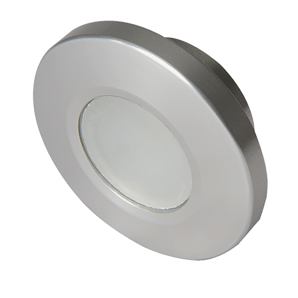 Round LED light, silver finish, isolated view.