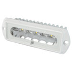 White LED floodlight with ribbed housing and logo.