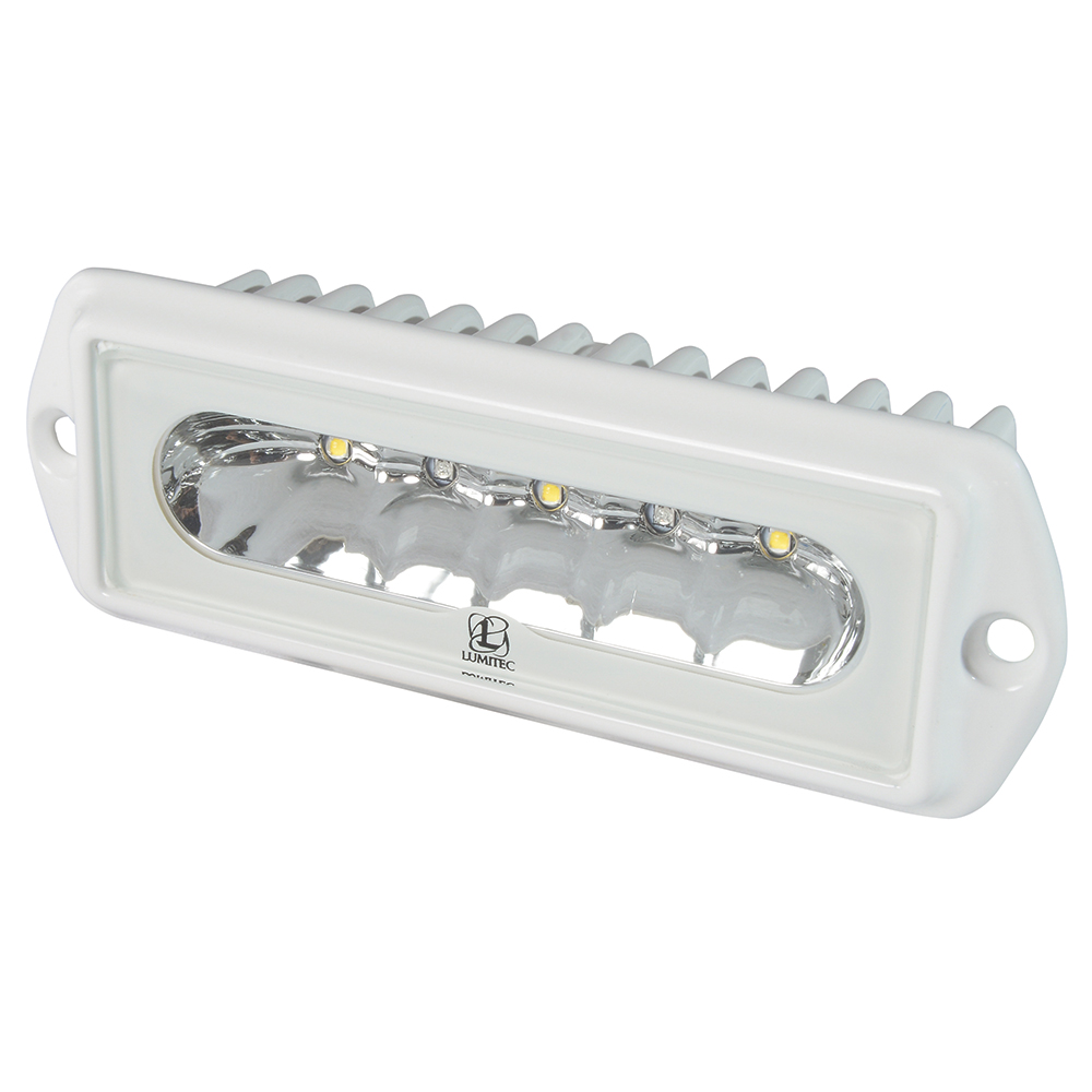 White LED floodlight with ribbed housing and logo.