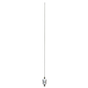 Long radio antenna against white background