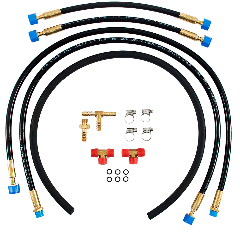 Air conditioning hose kit with connectors and clamps.