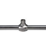 Stainless steel pipe fitting connector close-up.
