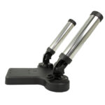 Two cylindrical metal rod holders on a base.