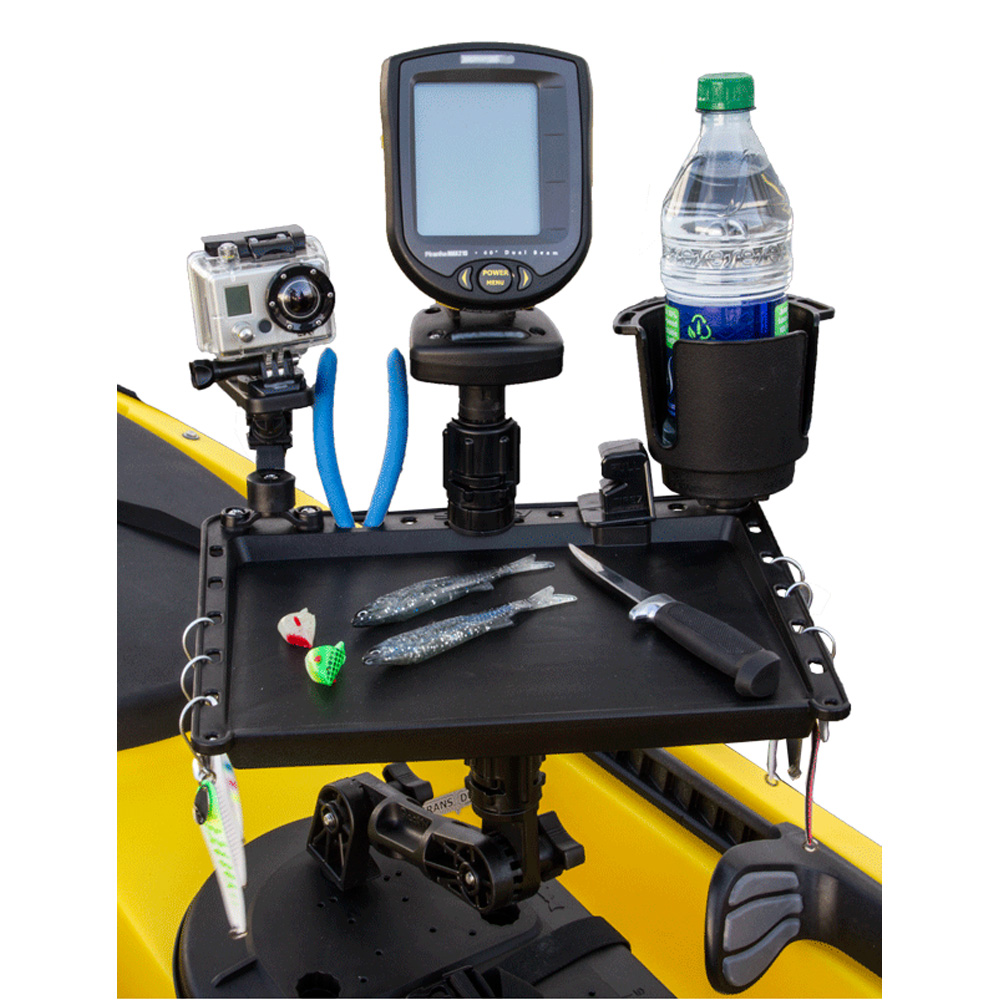 Fishing gear setup with camera and fish finder.