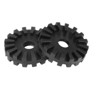 Two black plastic gears with teeth