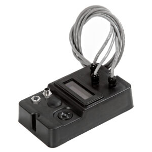 Black electronic device with cables and display screen.