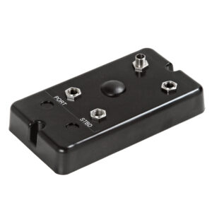 Black rectangular panel with metal ports