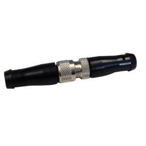 Coaxial cable connector with black and metallic parts.