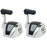 Dual marine throttle controls with chrome finish.