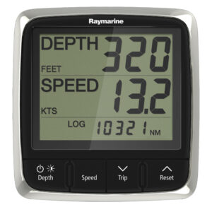Raymarine display showing depth and speed readings.