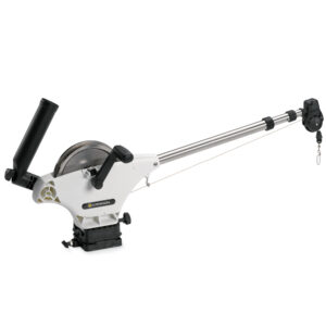 Electric fishing downrigger with adjustable boom.