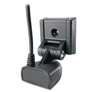 Black electric sensor with cable and mounting bracket.