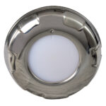Stainless steel round LED ceiling light fixture.