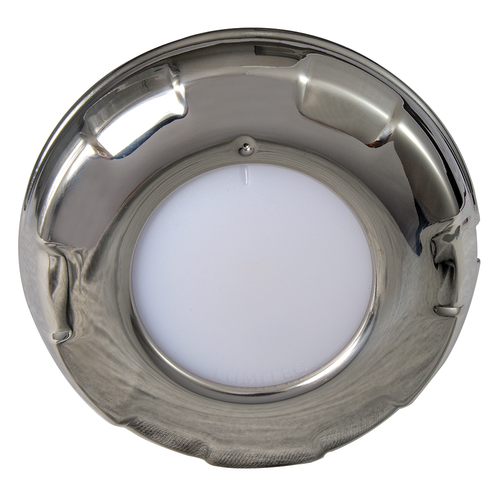 Stainless steel round LED ceiling light fixture.