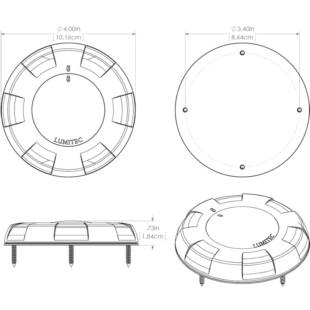 Lumitec circular light dimensions and installation diagram.