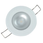 Round recessed LED ceiling light with metal clips.