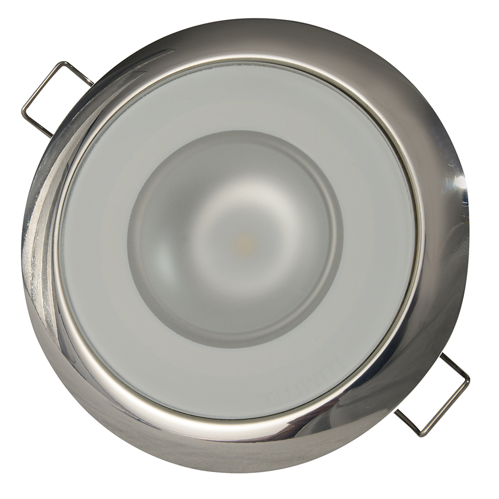 Round recessed ceiling light with stainless steel trim.
